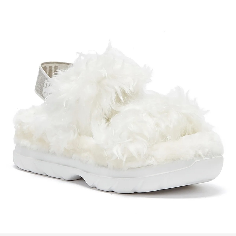 UGG Fluff Sugar Sandals Faux Fur Slides Straps Slingback Logo Platform Fluffy